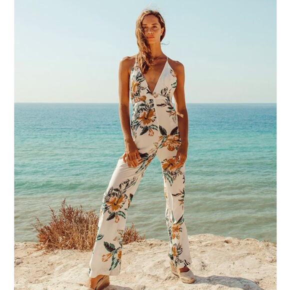 Le Salty Label Eden Floral V-Neck Plunge Wide Leg Backless Jumpsuit White XS - Picture 3 of 9